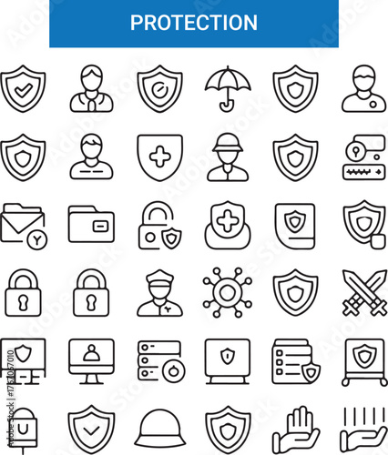 Safety, security and protection concept editable stroke outline icons set isolated on white background flat
