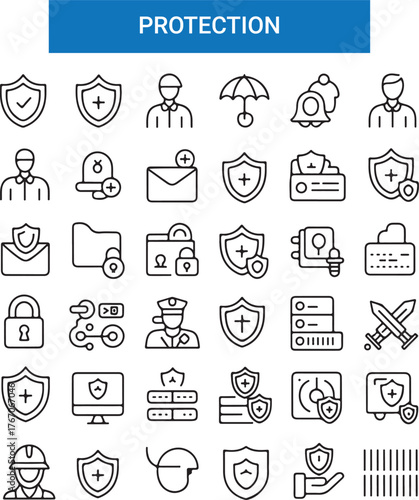 Safety, security and protection concept editable stroke outline icons set isolated on white background flat vector illustration.
