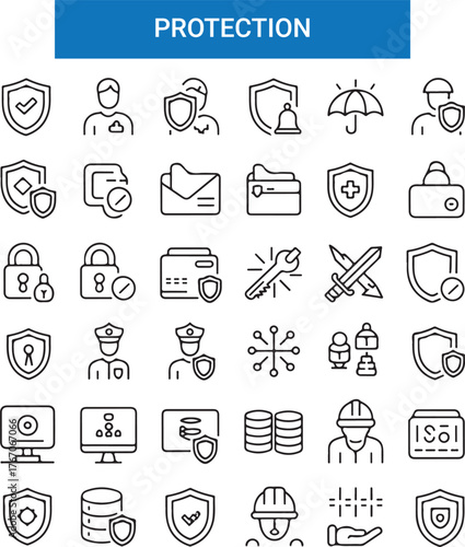 Protection Web Icon Set in Line Style. Collection of Security Linear Icons, Including defense, safe, safety and security, alarm, encryption, cybersecurity, locked, shield, guard, lock
