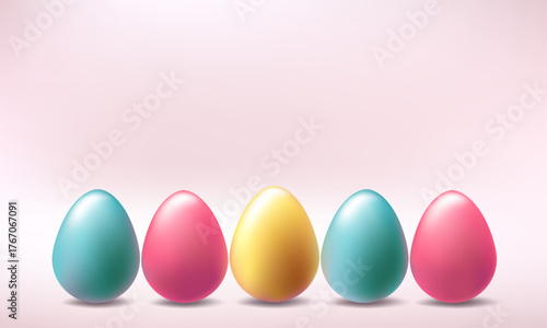 Easter day egg hunt, 3d metal golden day background. Vector podium with flying april chocolate gifts, Happy minimalistic greeting card template. Pastel business offer spring design. Religious symbol