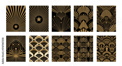 Ten vertical art deco panels with star and fan motifs in gold and black