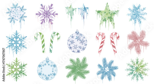 Assorted christmas ornaments and decorations with icicles hanging down