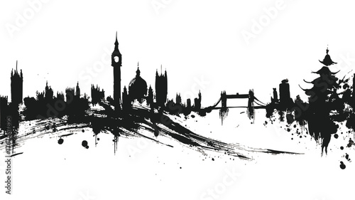 London skyline silhouette with iconic landmarks in dramatic black ink brush stroke grunge painting style