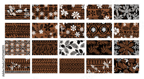 Collection of floral and geometric patterns in brown and white hues