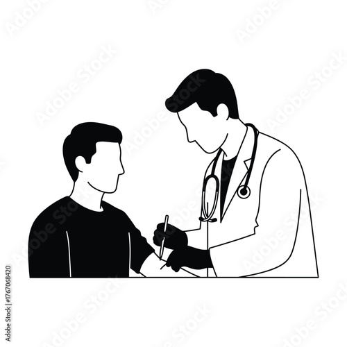 Doctor administering vaccine injection to a young boy in a medical clinic illustration