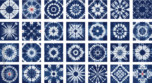 Collection of indigo dye patterns arranged in a rectangular grid