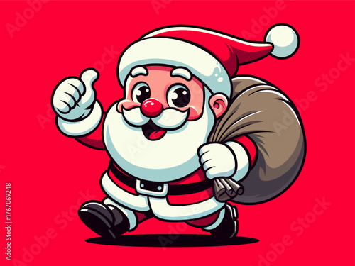 Funny cartoon Santa Claus with a bag. Christmas winter holiday design element for greeting vector illustration for holiday cards, posters, stickers, t-shirts, festive decorations