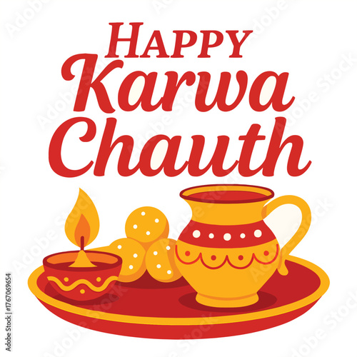 Happy karwa chauth festival greeting with puja thali and traditional elements