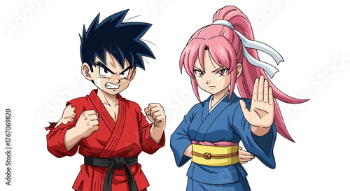 Two young cartoon characters, a boy with spiky black hair and a girl with a pink ponytail, in martial arts uniforms, ready for combat, digitally drawn in anime style