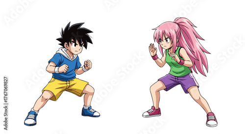 Anime-style young fighters, a boy with spiky black hair and a girl with vibrant pink hair, in active poses, ready for action on a white background, digital art