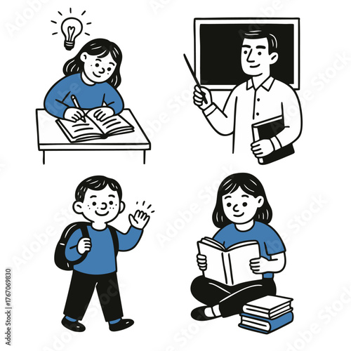 Back to School Education Set – Happy Kids Studying, Reading and Learning with Teacher | Hand-Drawn Minimal Doodle Illustration for School, Classroom and Learning Concept