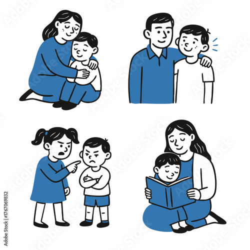 Parenting Emotions and Family Relationships – Mother, Father and Children Showing Love, Support, Conflict and Learning Together | Hand-Drawn Minimal Doodle Illustration