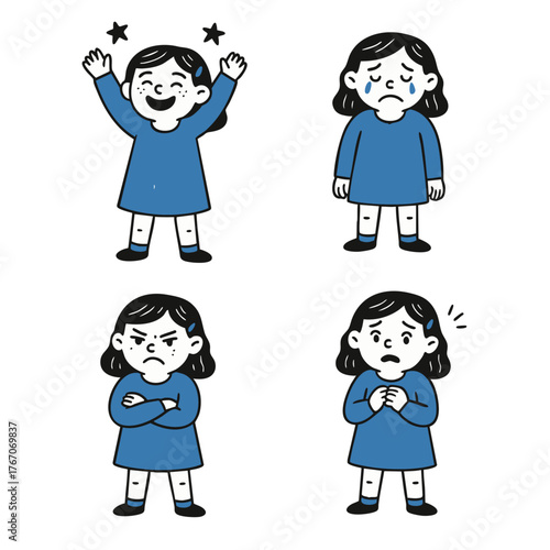 Child Emotions Set – Happy, Sad, Angry and Scared Girl Expressions | Hand-Drawn Minimal Doodle Illustration for Psychology, Education and Parenting Concepts