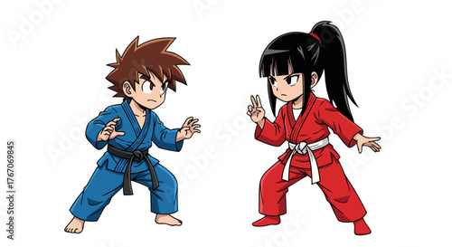 Martial Arts Training Kids Poses For Combat Sports And Self-Defense Techniques In Dojo