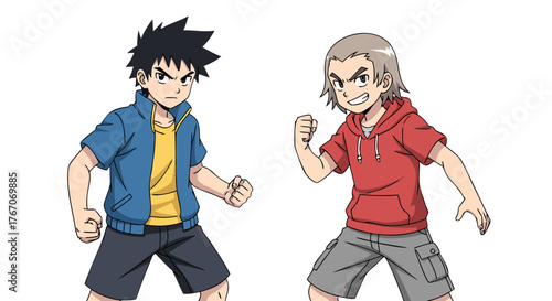 Two animated young boys standing confidently, one in a blue jacket and yellow shirt, the other in a red hoodie and grey shorts, ready for action