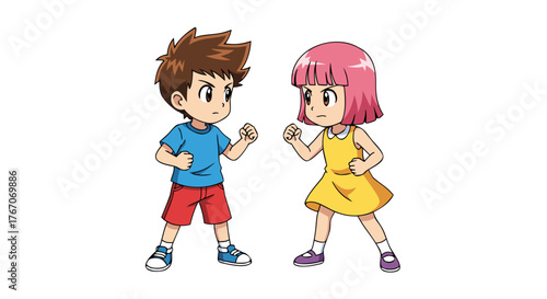 Two cartoon children, a boy and a girl, stand facing each other in a playful sparring pose, ready for friendly competition or a game