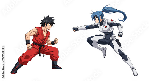 Two anime-style fighters posed for combat a male character in a red gi and a female character in a futuristic white and grey suit, ready to engage in a martial arts battle on a white background