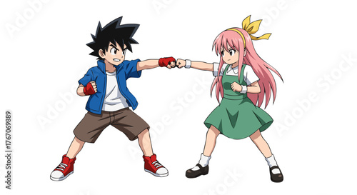 Two anime children, a boy and a girl, fist bumping each other with determination and friendship, isolated on a white background, symbolizing unity and partnership