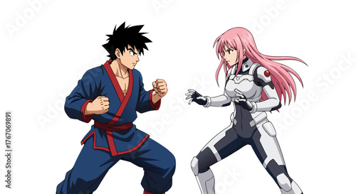 Anime characters in a martial arts stance, a male in a blue gi and a female in a futuristic white suit, ready to fight on a white background, symbolizing combat and rivalry