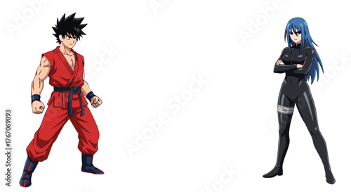 Anime characters stand ready for action, one in a martial arts uniform and the other in a sleek, modern combat suit, poised against a plain backdrop