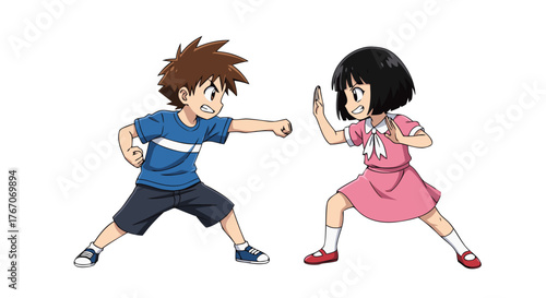 Children practicing martial arts together, depicting friendship, active lifestyle, and learning self-defense in a playful, cartoonish art style, ideal for educational or recreational content