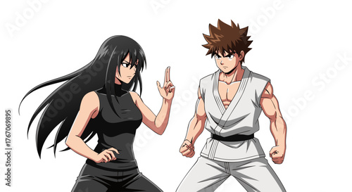 Two martial artists, a man and a woman, in fighting stances, depicting combat and skill in this dynamic illustration