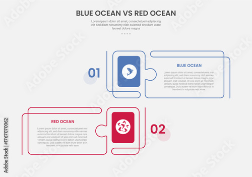 blue ocean vs red ocean business infographic outline style with 2 point comparison template with creative rectangle box with puzzle jigsaw style for slide presentation