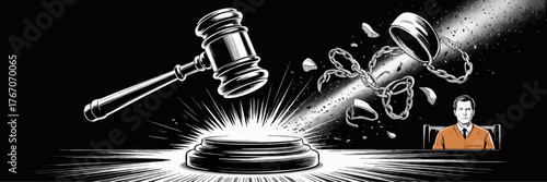 Dramatic Judge Gavel Breaking Chains with Freed Prisoner in Courtroom – Justice, Freedom, Legal Concept, Black Background Illustration