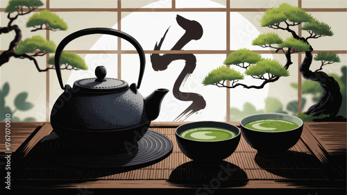 Traditional Japanese Tea Ceremony with Cast Iron Teapot, Matcha Green Tea, Bonsai Trees, and Shoji Window Vector Illustration