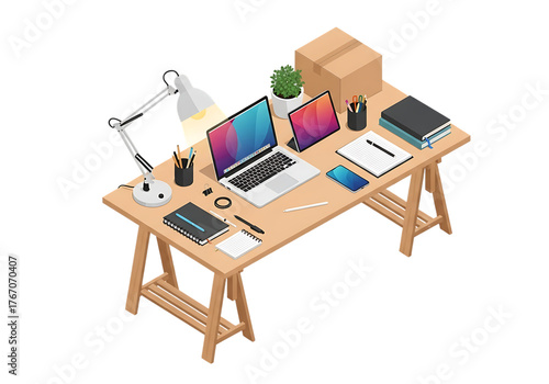 Isometric office desk with laptop, tablet, smartphone, lamp and office supplies isolated on transparent background