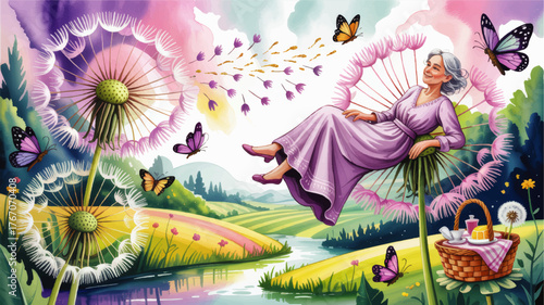 Whimsical Senior Woman Relaxing on Giant Dandelion in Colorful Spring Meadow with Butterflies and Picnic Basket - Vibrant Fantasy Illustration