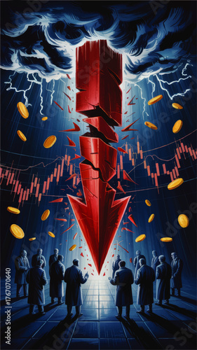 Dramatic Stock Market Crash Illustration – Red Down Arrow, Financial Crisis, Bear Market, Investors, Lightning Storm, Digital Art