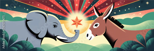 Colorful Political Cartoon Illustration of Elephant and Donkey Facing Off with Starburst Background, Symbolizing USA Politics