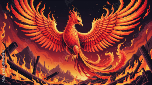 Majestic Phoenix Rising from Flames - Vibrant Fiery Mythical Bird Illustration with Outstretched Wings and Starry Night Sky