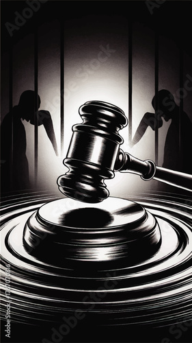 Dramatic Black and Transparent Judge Gavel Illustration with Prisoners Behind Bars, Justice and Legal System Concept Art