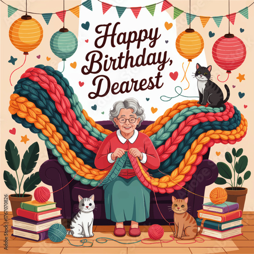 Cheerful Birthday Illustration for Grandma – Elderly Lady Knitting with Cats, Yarn, Books, Lanterns, and Festive Decor