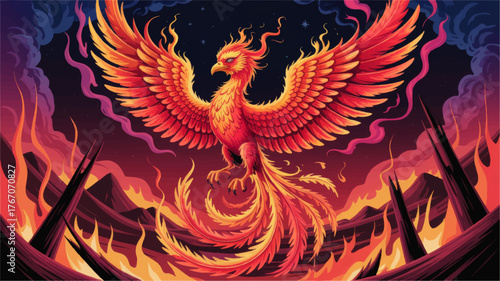 Majestic Fiery Phoenix Rising from Flames – Vibrant Mythical Bird Illustration with Dramatic Sky, Fire, and Fantasy Scene