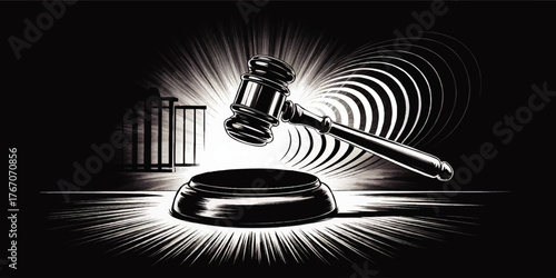 Dramatic Gavel Striking Sound Waves in Black and Transparent Courtroom Illustration for Law, Justice, and Legal Concepts