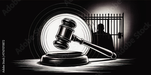 Dramatic Courtroom Gavel Illustration with Prison Bars and Silhouette – Justice, Law, Crime, Sentence, Black Transparent Background