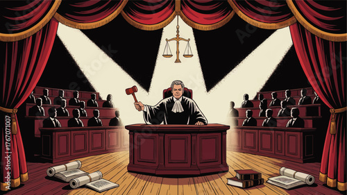 Dramatic courtroom illustration with judge, jury, and legal scales under stage lights, law and justice system, red curtains, wooden decor