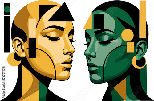 Abstract portrait of two women with geometric shapes