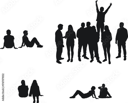 Group silhouette vector illustration, seated and standing figures, casual poses, expressive body language, social interaction, relaxed gathering concept design