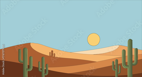 Desert landscape illustration with cacti and sand dunes