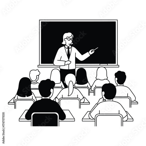 Teacher instructing students in a classroom with a blackboard behind them in a line drawing style