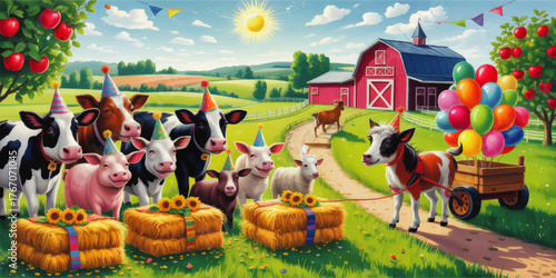Cute Farm Animal Birthday Party Illustration with Balloons, Hay Bales, and Barn on Sunny Countryside, Perfect for Kids