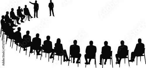 Group discussion silhouette vector illustration, seated participants in semi-circle, central speakers at meeting, leadership and communication concept design