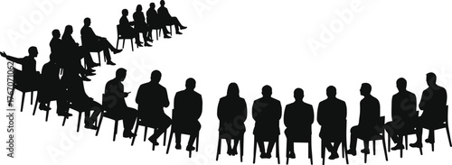 Group seating silhouette vector illustration, curved chair arrangement, audience formation, meeting or discussion concept, collective attention, event layout design