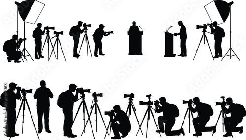Photography and press event silhouette vector illustration, speakers at podiums, media crew with cameras and lights, professional setup, journalism concept