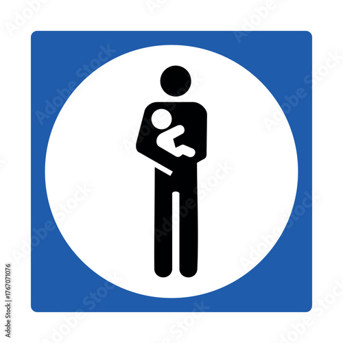 Blue priority access sign with caregiver and child icon for public facilities and family-friendly signage