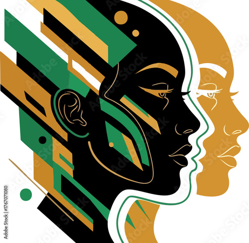 Abstract portrait of two women with geometric shapes